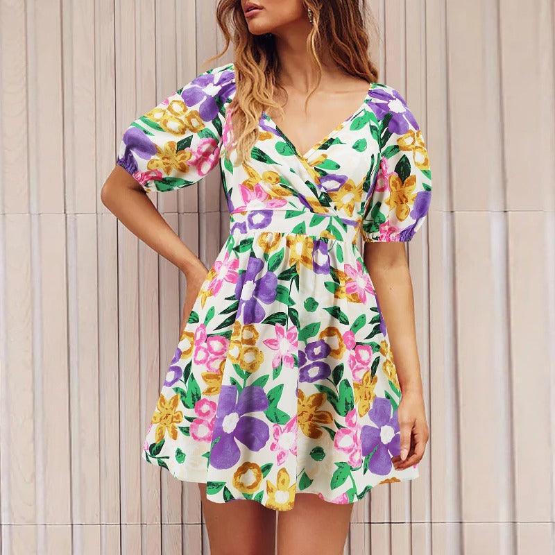 Flowers Print Summer Beach Short Dress - Glooosy Store