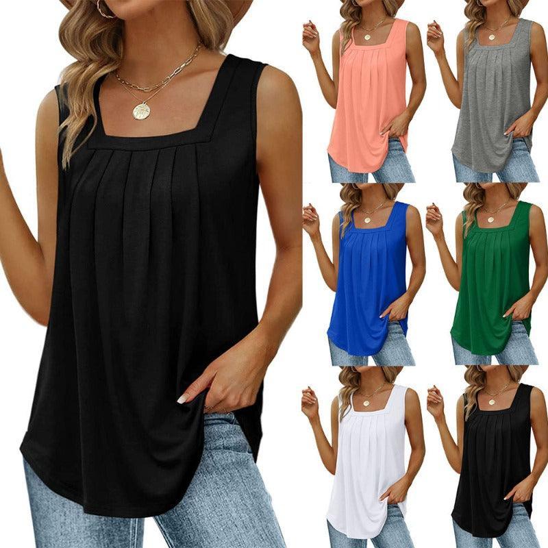 Summer Women Loose Fit Pleated Square Neck Sleeveless Tops Vest T-Shirt - Glooosy Store