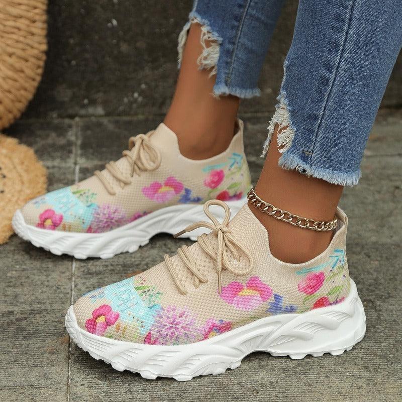 Women Flowers Print Breathable Mesh Casual Sneakers - Glooosy Store