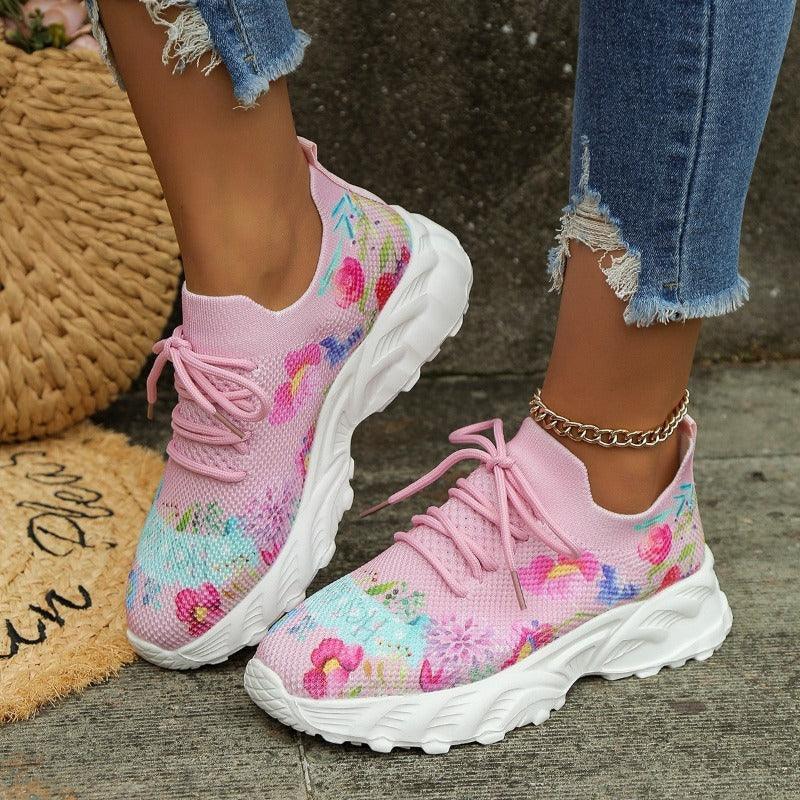 Women Flowers Print Breathable Mesh Casual Sneakers - Glooosy Store