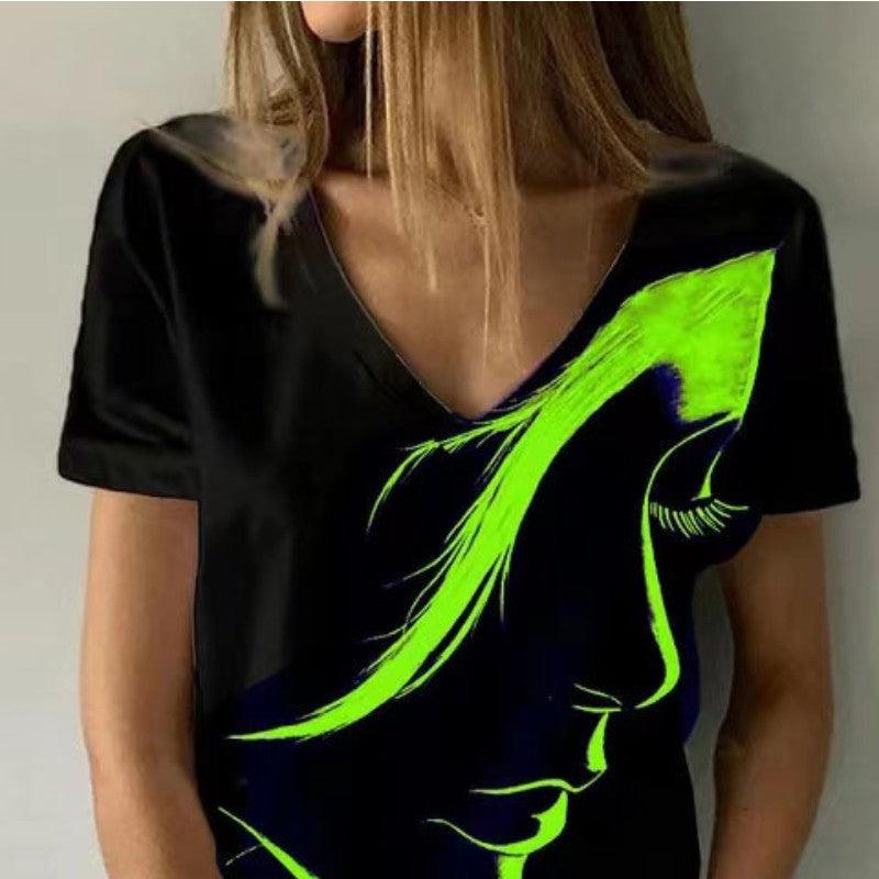 Unique Women Face Printed V-Neck T-Shirt - Glooosy Store