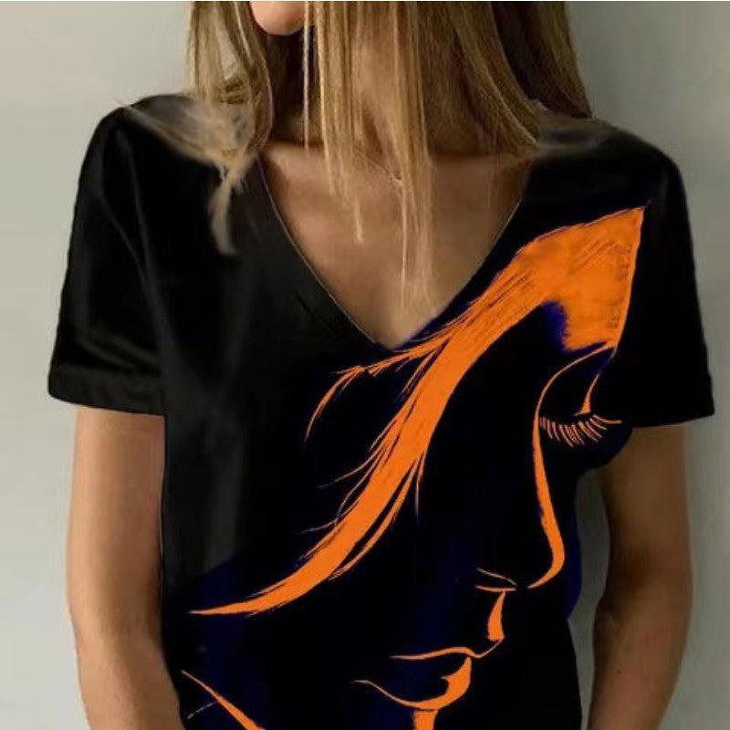 Unique Women Face Printed V-Neck T-Shirt - Glooosy Store