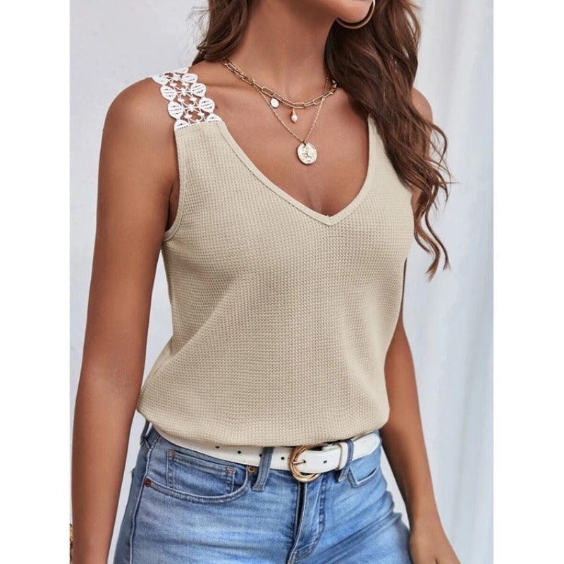 Waffle V-Neck Sleeveless Lace Vest T-Shirt - Glooosy Store