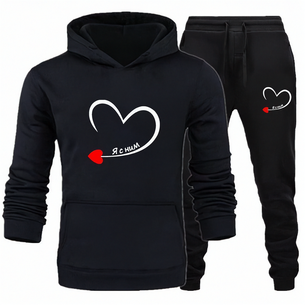 Couple Heart Printed Matching Hoodies – Men's & Women's Romantic Hoodie Set