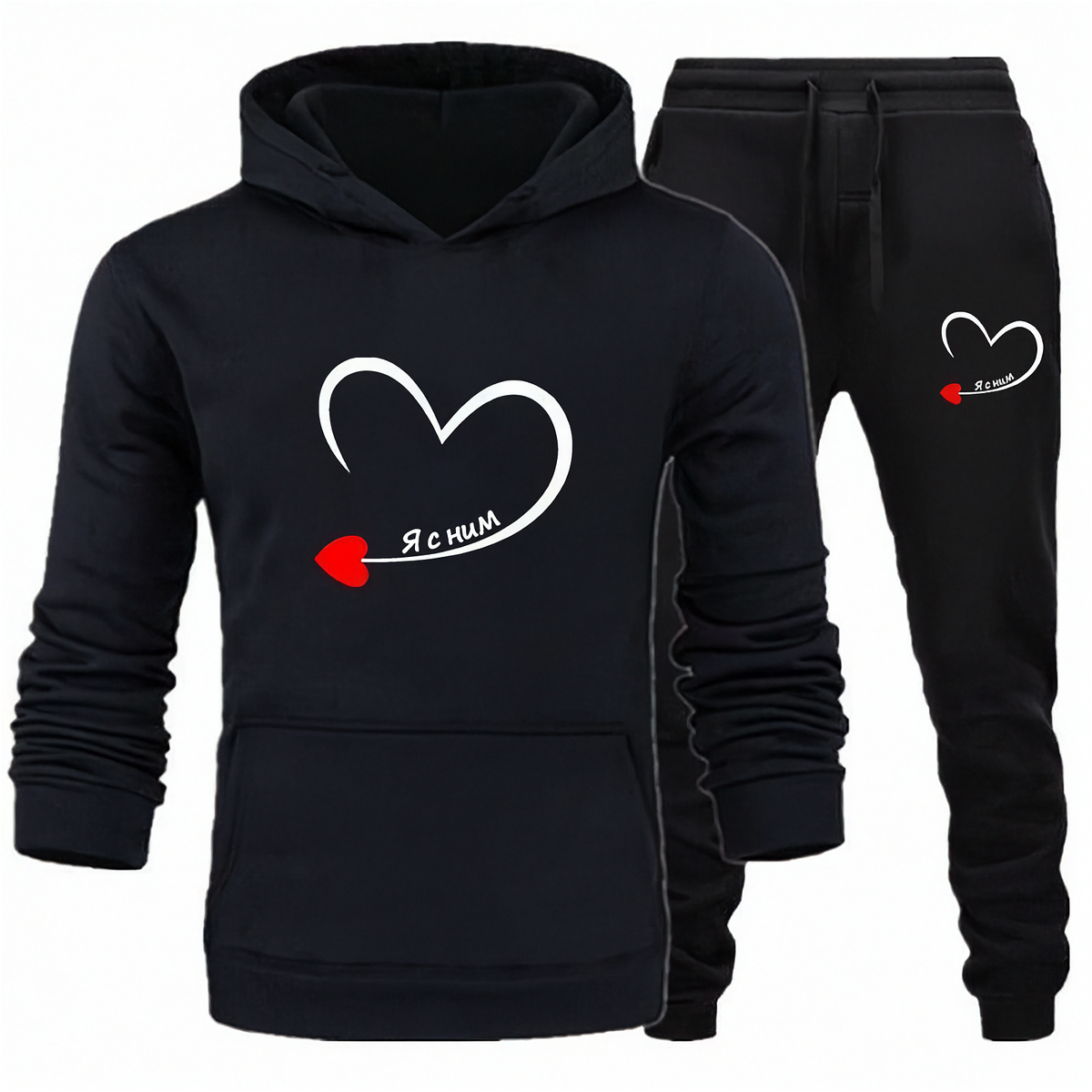 Couple Heart Printed Matching Hoodies – Men's & Women's Romantic Hoodie Set