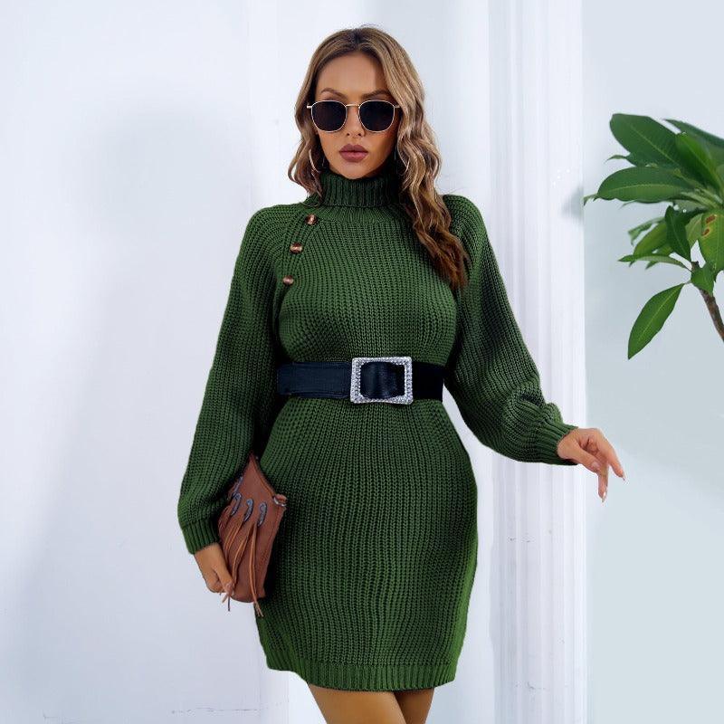 Winter Turtleneck Long Sweater Dress Button Design - Glooosy Store