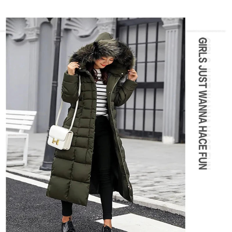 Women Winter Long Jacket Fur Collar Down Padded