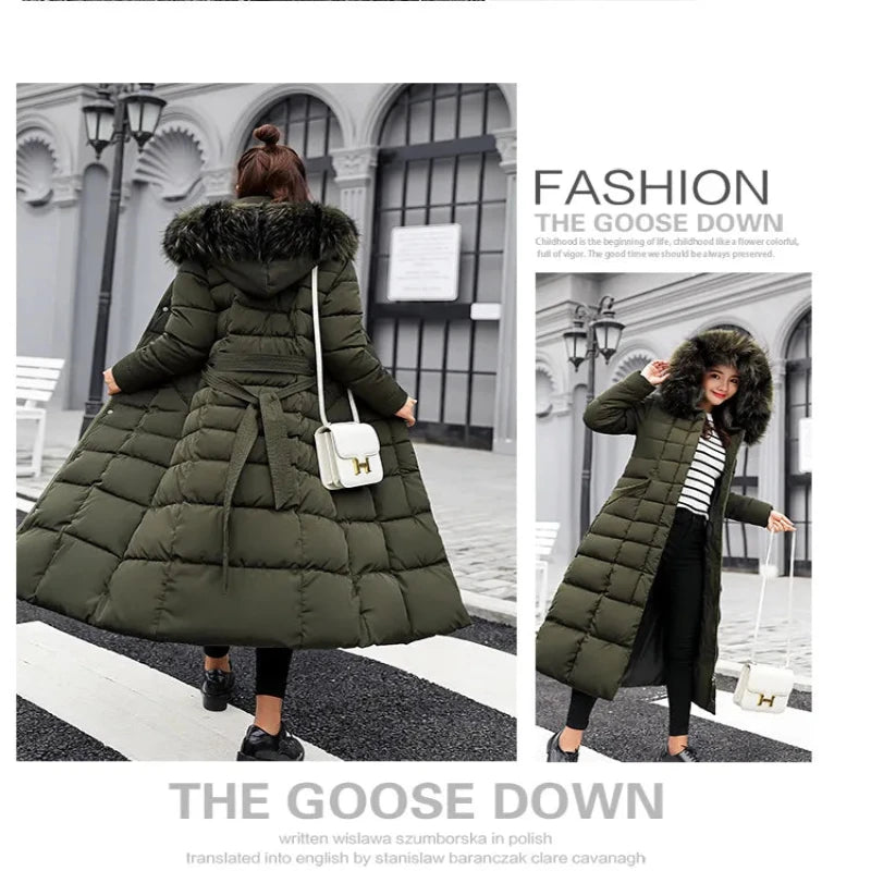 Women Winter Long Jacket Fur Collar Down Padded