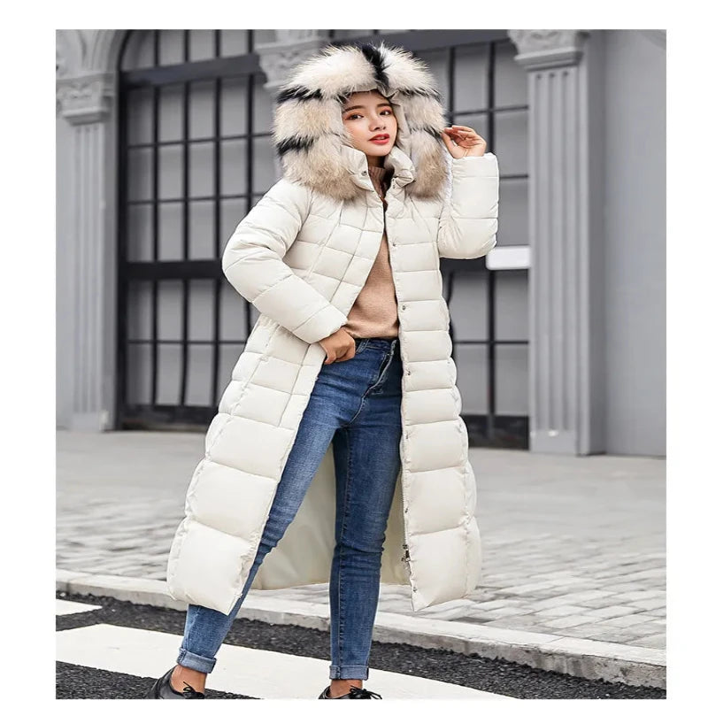 Women Winter Long Jacket Fur Collar Down Padded