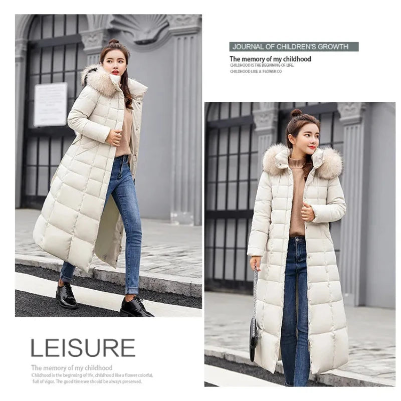 Women Winter Long Jacket Fur Collar Down Padded