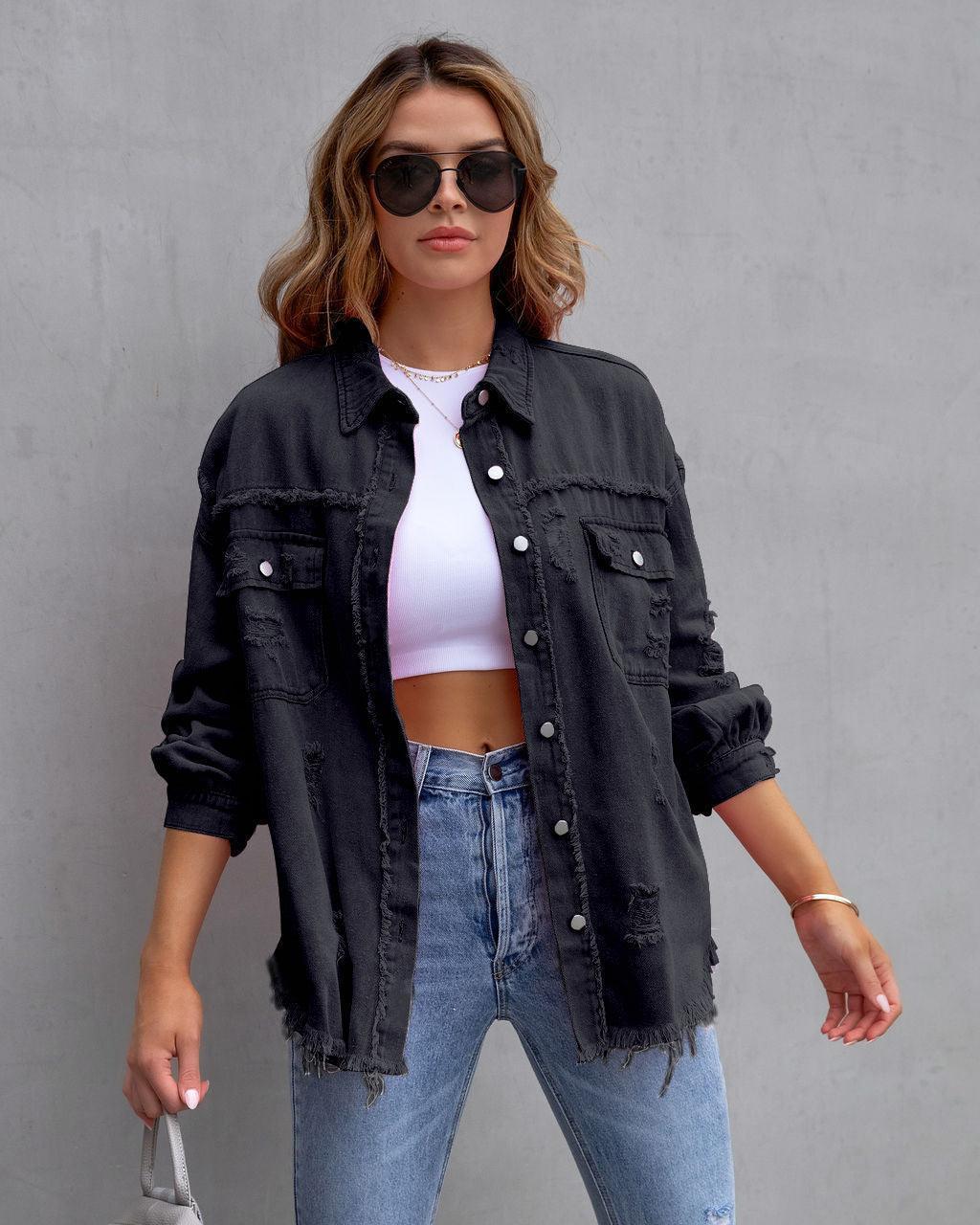 Fashion Denim Ripped Shirt Jacket Women - Glooosy Store