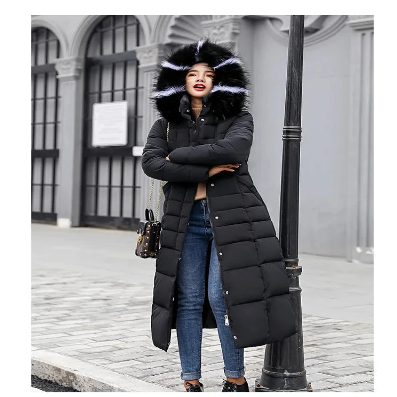 Women Winter Long Jacket Fur Collar Down Padded