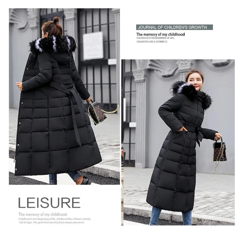 Women Winter Long Jacket Fur Collar Down Padded