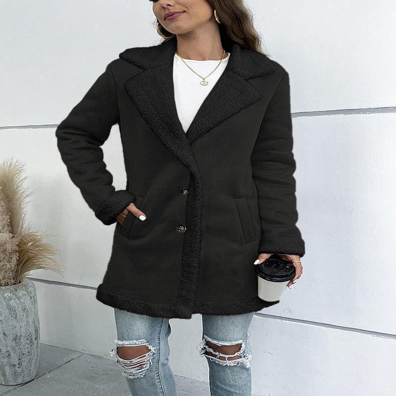 Lapel Suede Elegant Faux Leather Woolen Long Coat - Glooosy Store