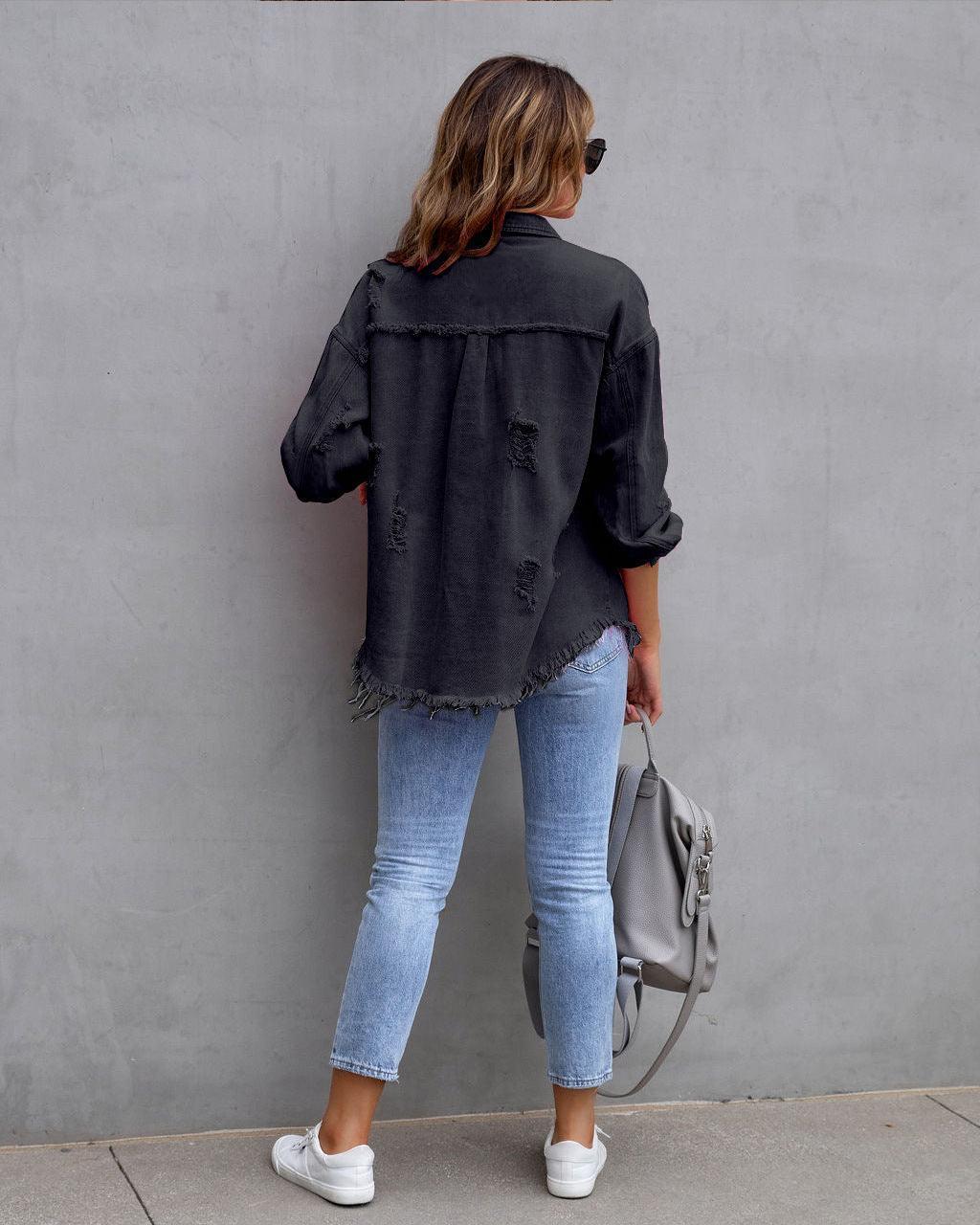 Fashion Denim Ripped Shirt Jacket Women - Glooosy Store