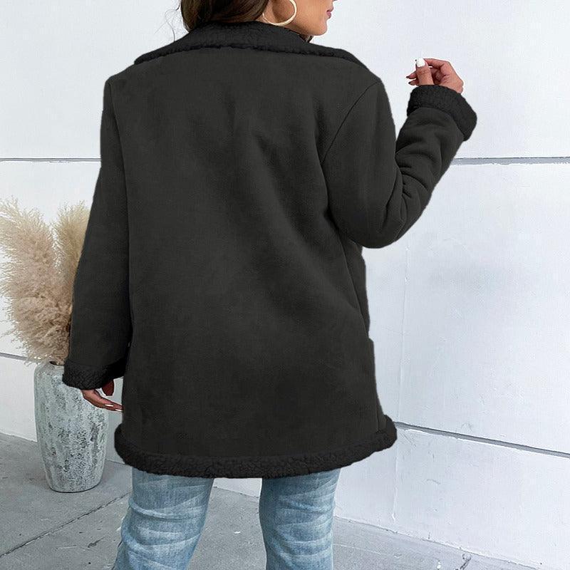 Lapel Suede Elegant Faux Leather Woolen Long Coat - Glooosy Store