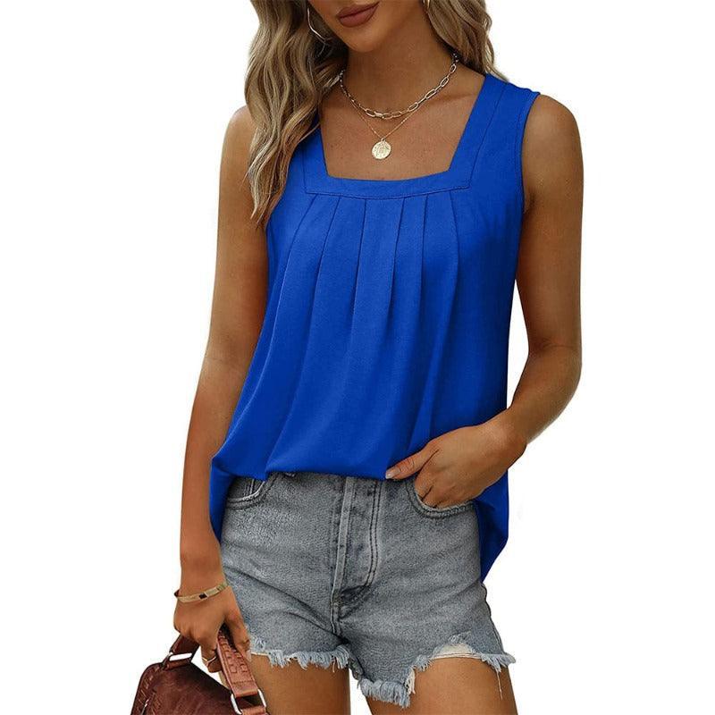 Summer Women Loose Fit Pleated Square Neck Sleeveless Tops Vest T-Shirt - Glooosy Store