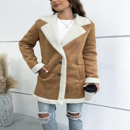 Lapel Suede Elegant Faux Leather Woolen Long Coat - Glooosy Store