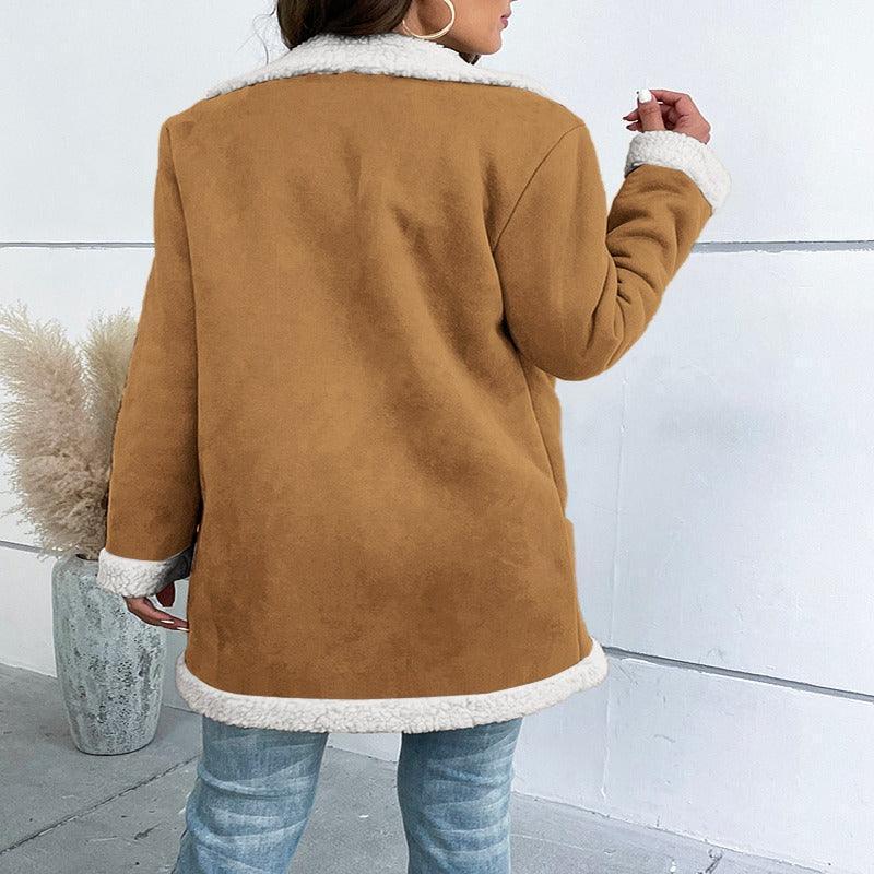 Lapel Suede Elegant Faux Leather Woolen Long Coat - Glooosy Store