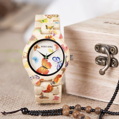 Butterfly Print Women Watches All Bamboo Made Quartz Wristwatch