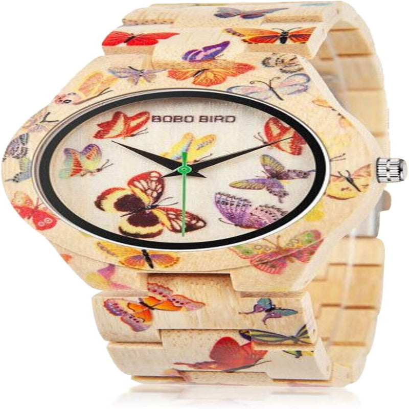 Butterfly Print Women Watches All Bamboo Made Quartz Wristwatch