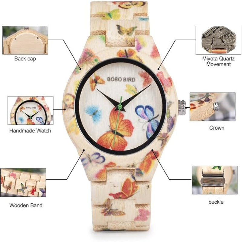 A BOBO BIRD wooden watch with a colorful butterfly print on a light wood grain case and band, shown with callout labels pointing to features like the back cap, Miyota quartz movement, crown, buckle, and wooden band.