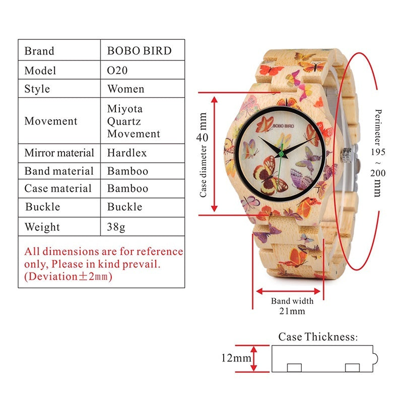 Wooden watch with butterfly design and measurement details on a white background