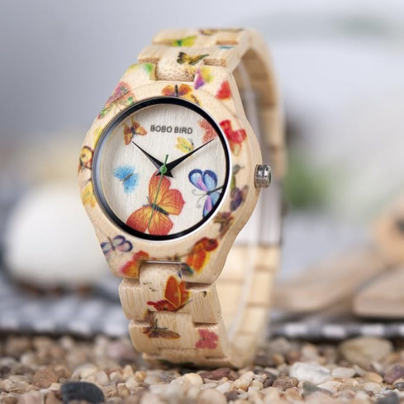 Butterfly Print Women Watches All Bamboo Made Quartz Wristwatch