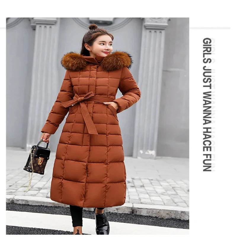 Women Winter Long Jacket Fur Collar Down Padded