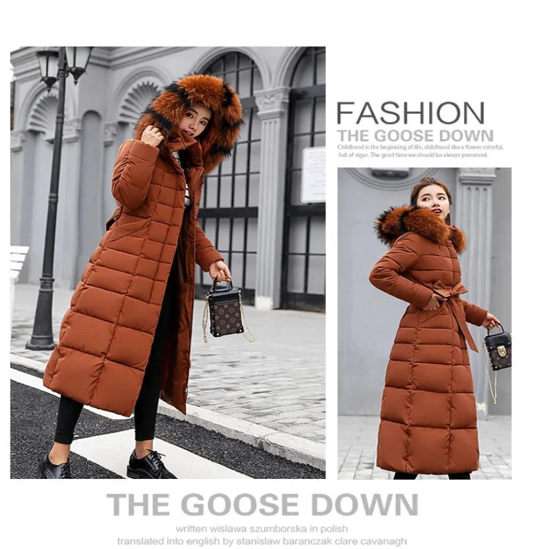 Women Winter Long Jacket Fur Collar Down Padded