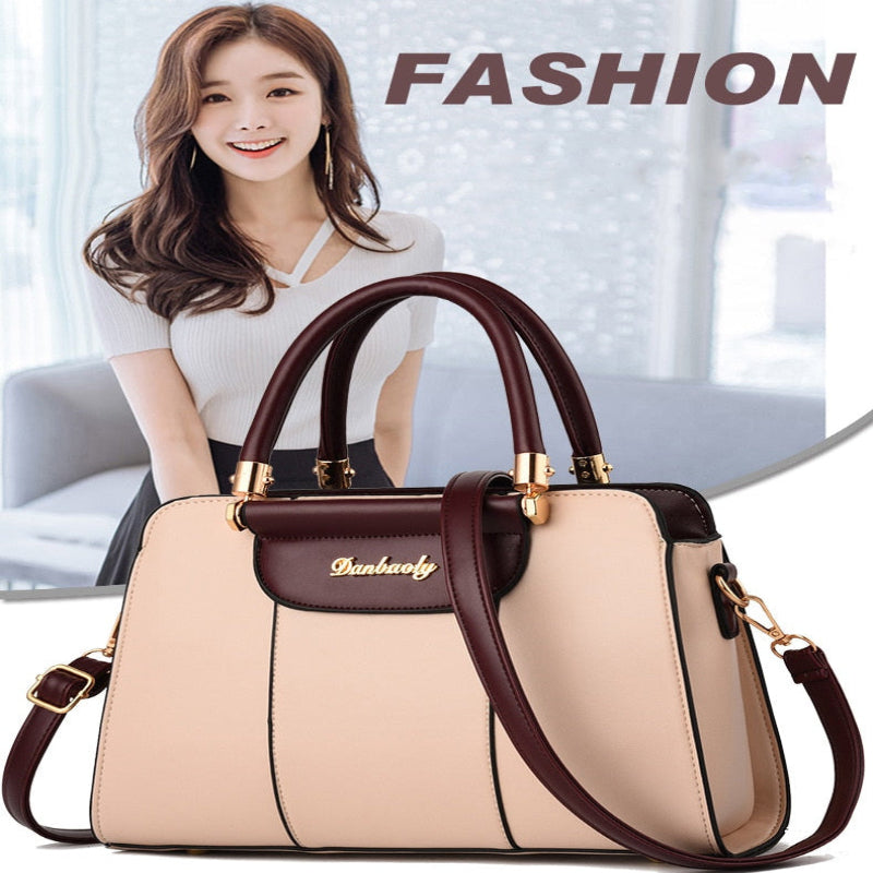A beige and dark brown handbag with gold-tone hardware and a front logo plaque reading 'Burbkinly', shown prominently in the foreground. A woman is partially visible in the background, and the word 'FASHION' appears at the top.