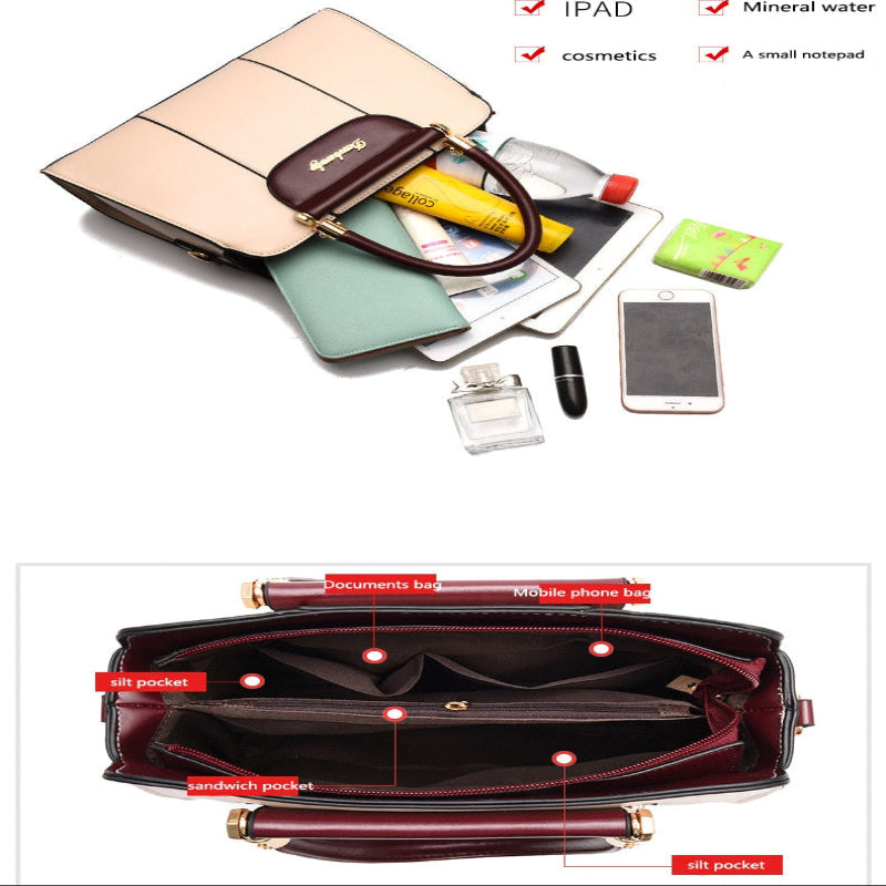 A structured handbag shown in two views on a white background: an angled open-top view with accessories placed inside, and a top-down interior view with red callout lines and text labels. The bag exterior is light beige with a dark brown handle and trim, and the interior is dark burgundy.
