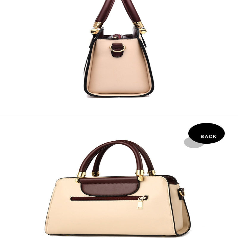 A two-tone handbag shown from the front and back. The bag has a light beige body with dark brown handles, trim, and front pocket, accented by gold-tone hardware.
