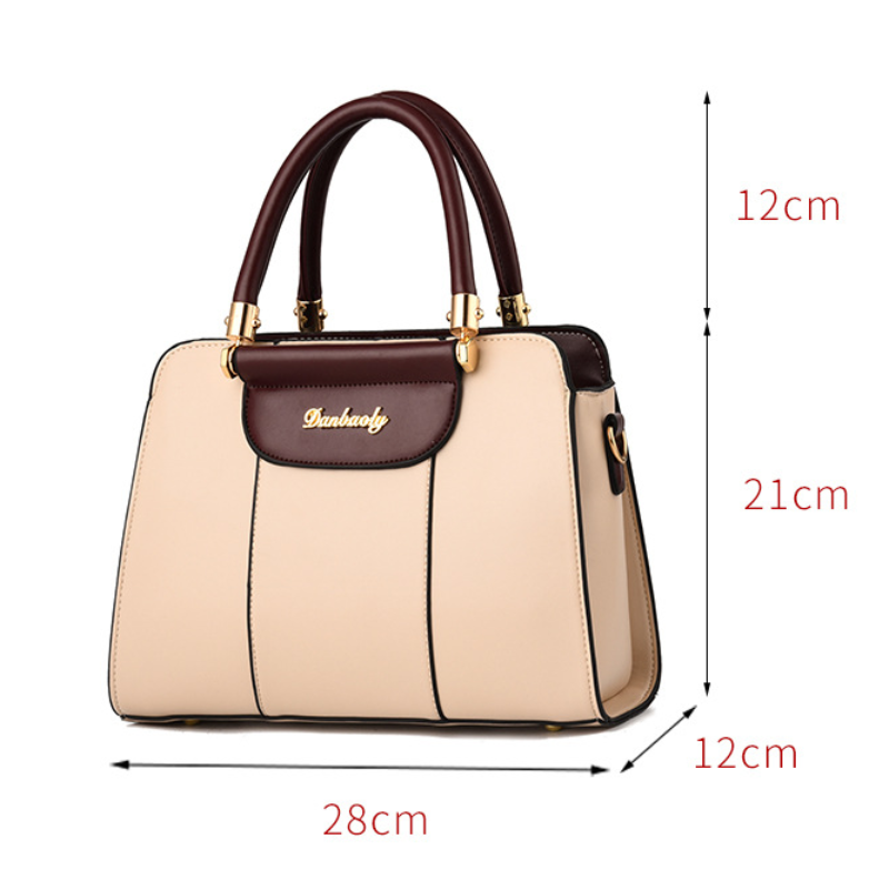 Beige handbag with brown accents and dimensions labeled on a white background