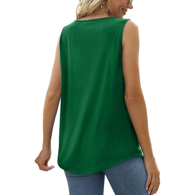 Summer Women Loose Fit Pleated Square Neck Sleeveless Tops Vest T-Shirt - Glooosy Store