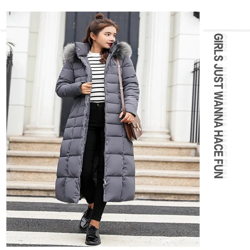 Women Winter Long Jacket Fur Collar Down Padded