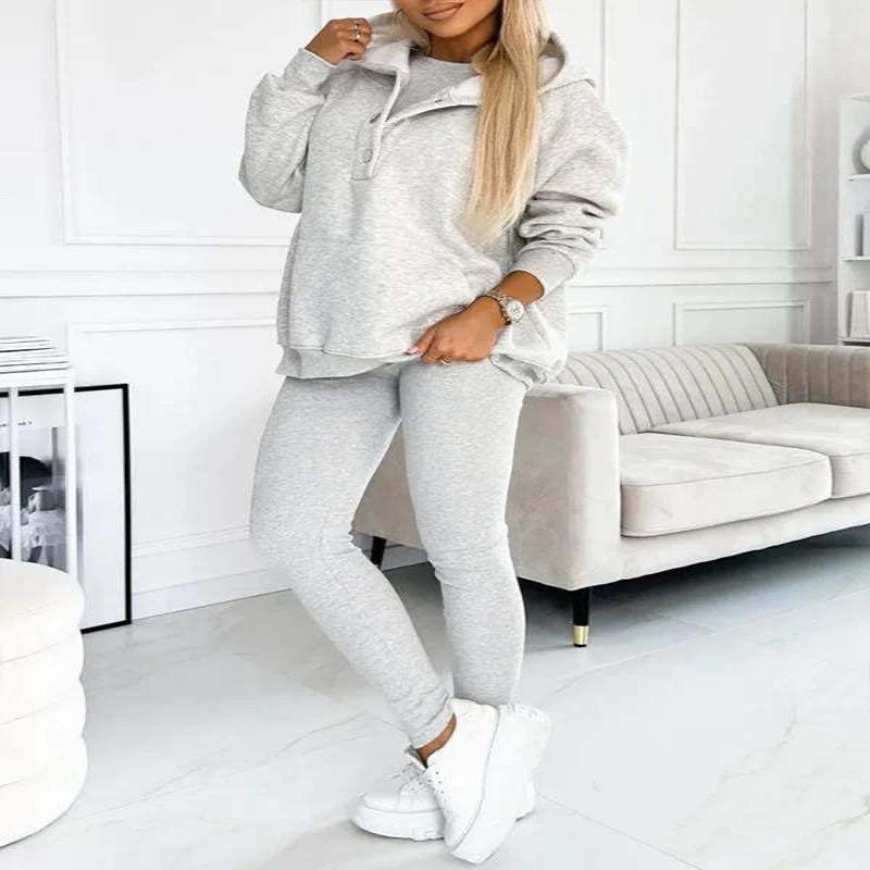 Women's Sports Suit Loose Hooded Pockets Sweatshirt, Top And Slim Trousers