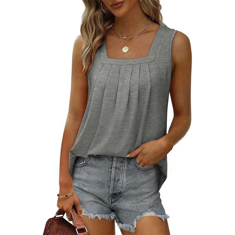 Summer Women Loose Fit Pleated Square Neck Sleeveless Tops Vest T-Shirt - Glooosy Store