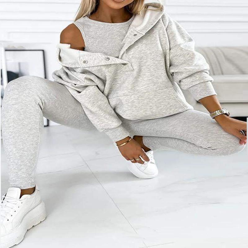 Women's Sports Suit Loose Hooded Pockets Sweatshirt, Top And Slim Trousers