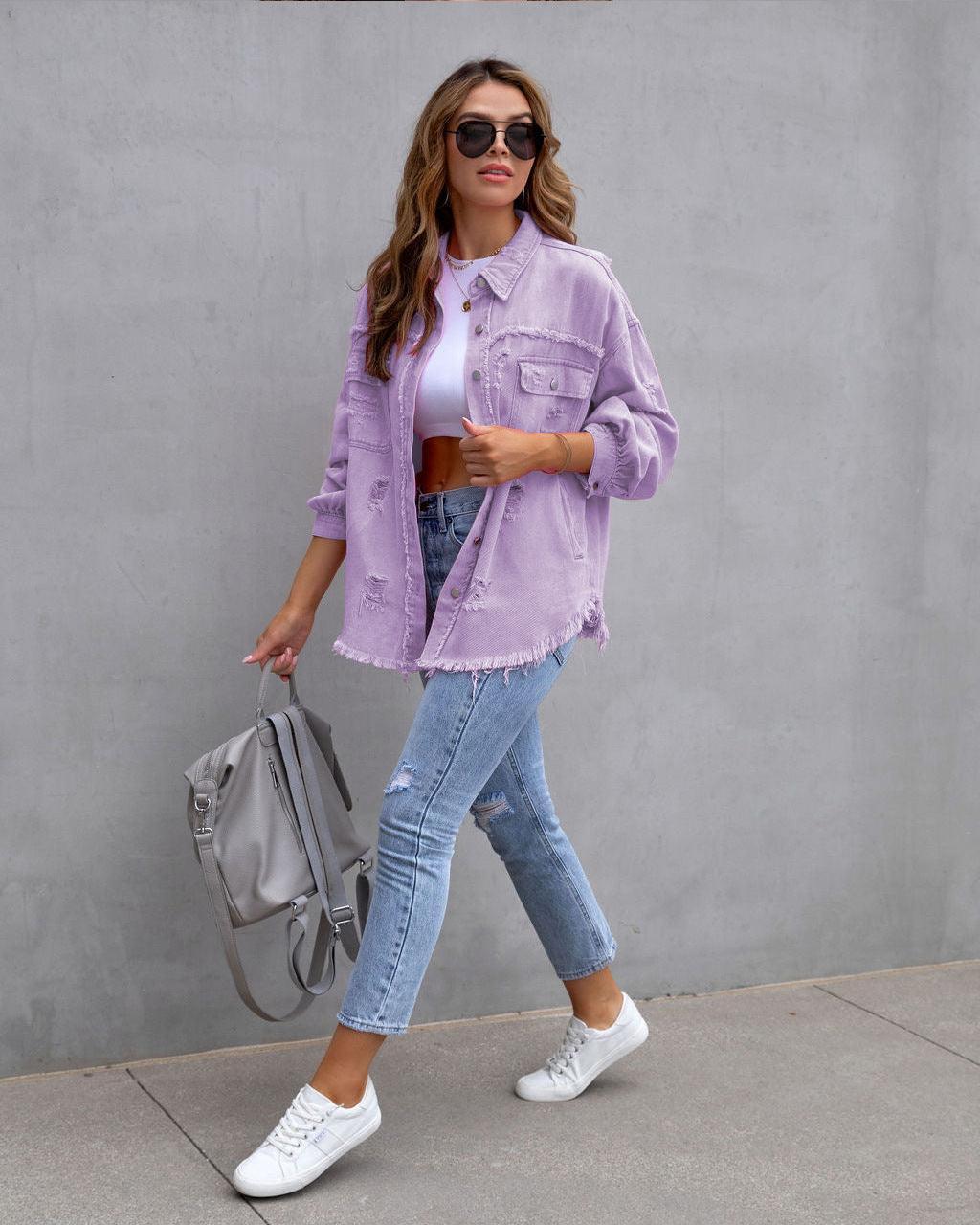 Fashion Denim Ripped Shirt Jacket Women - Glooosy Store