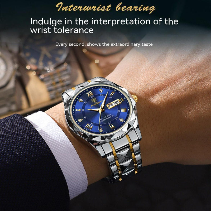 Watch on a wrist with text about wrist tolerance and brand name.