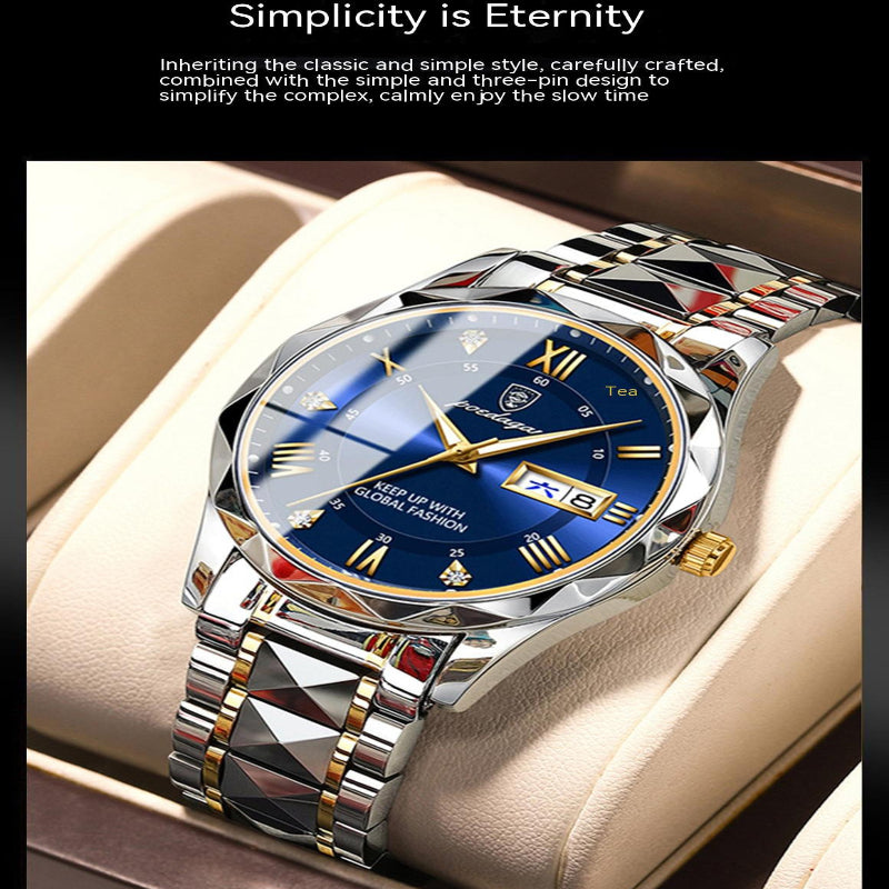 Luxury watch with blue dial and silver case on a beige cushion, text 'Simplicity is Eternity' above.