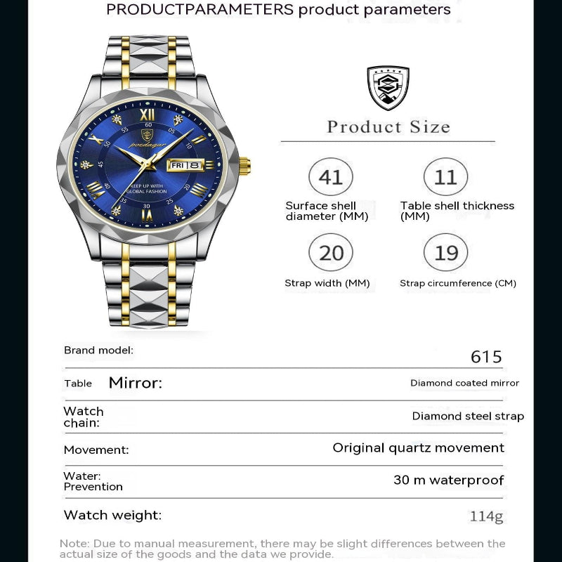 Wristwatch with product parameters on a white background