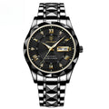 Luxury watch with black dial and diamond-studded band on a white background