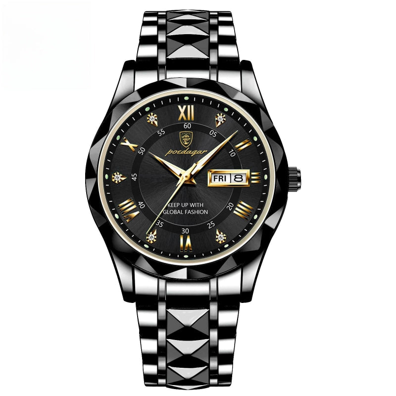 Luxury watch with black dial and diamond-studded band on a white background