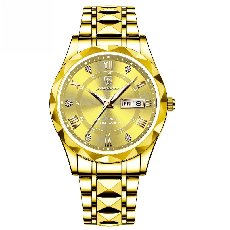Gold wristwatch with diamond-studded face on a white background