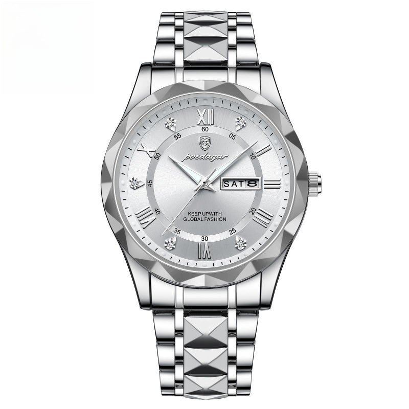 Silver wristwatch with diamond-studded face on a white background