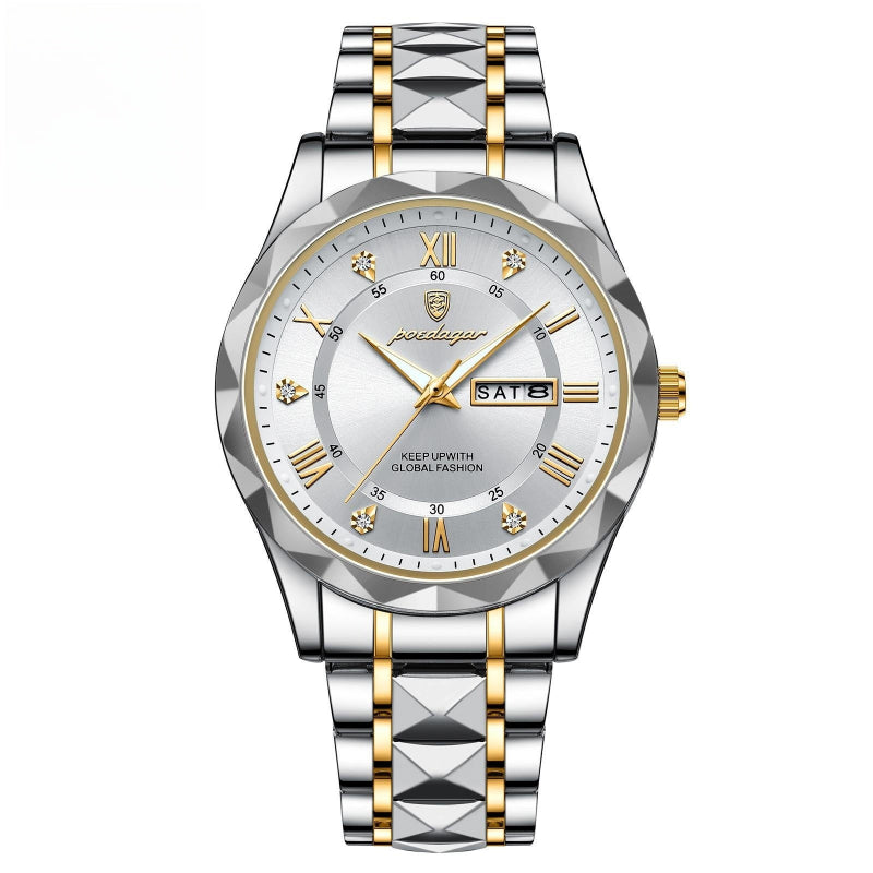 Silver and gold watch with diamond-studded face on a white background