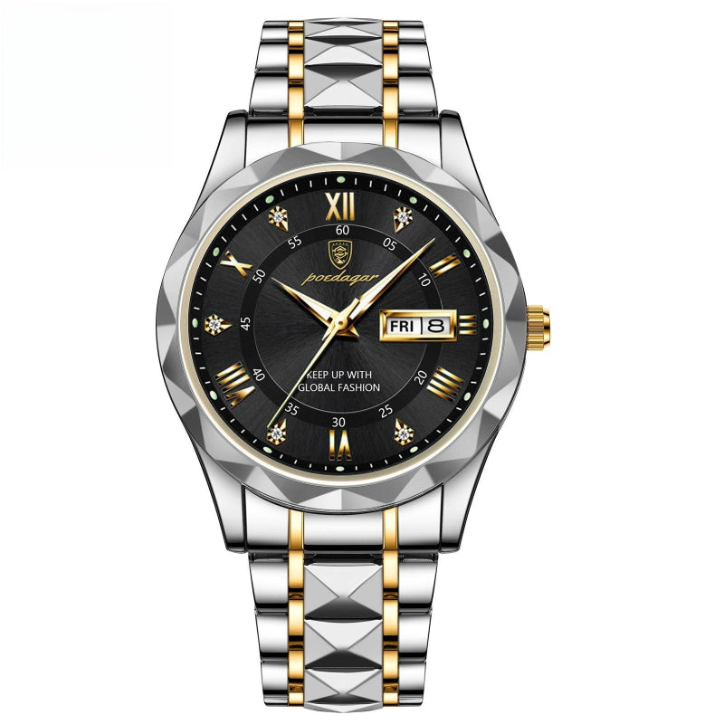 Luxury watch with black dial and gold accents on a white background