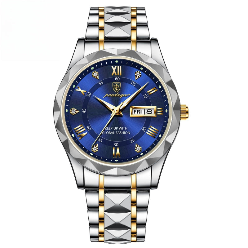 Luxury watch with blue dial and gold accents on a white background
